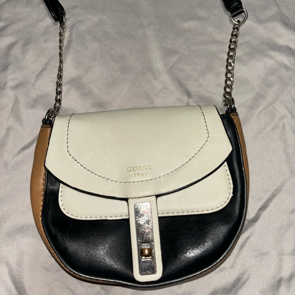 GUESS Black, White, and Tan Crossbody Bag